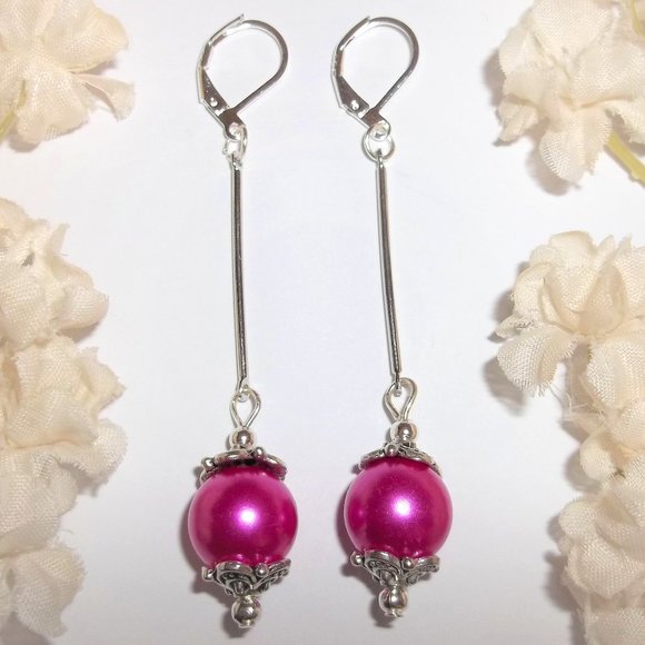 wvluckygirl Jewelry - Long Earrings, Fuschia Pink and Silver, Dangle and Drop Earrings, Beaded 7453